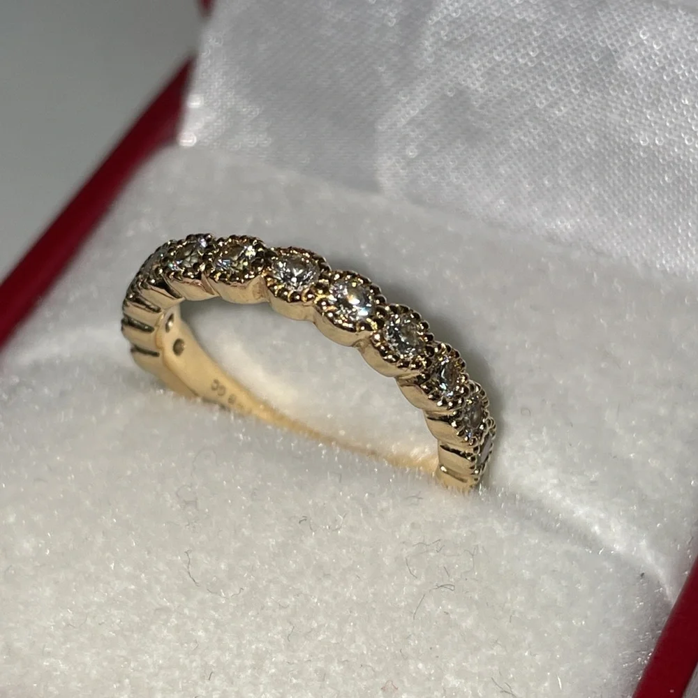 Solid Stamped 14K Yellow Gold Natural Diamond Semi Eternity Round Bead Band Ring